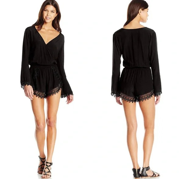 Boho Crochet Lace Trim Surplice Smocked Romper - Picture 2 of 3